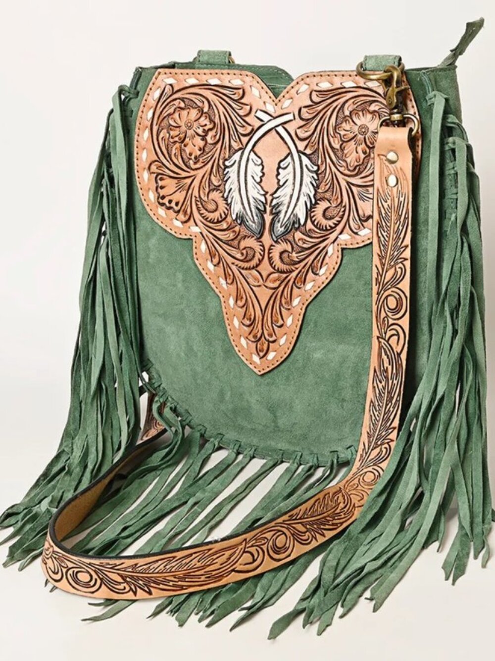 Sagebrush Boho Fringe Feather Crossbody Bag - Picture 2 of 7